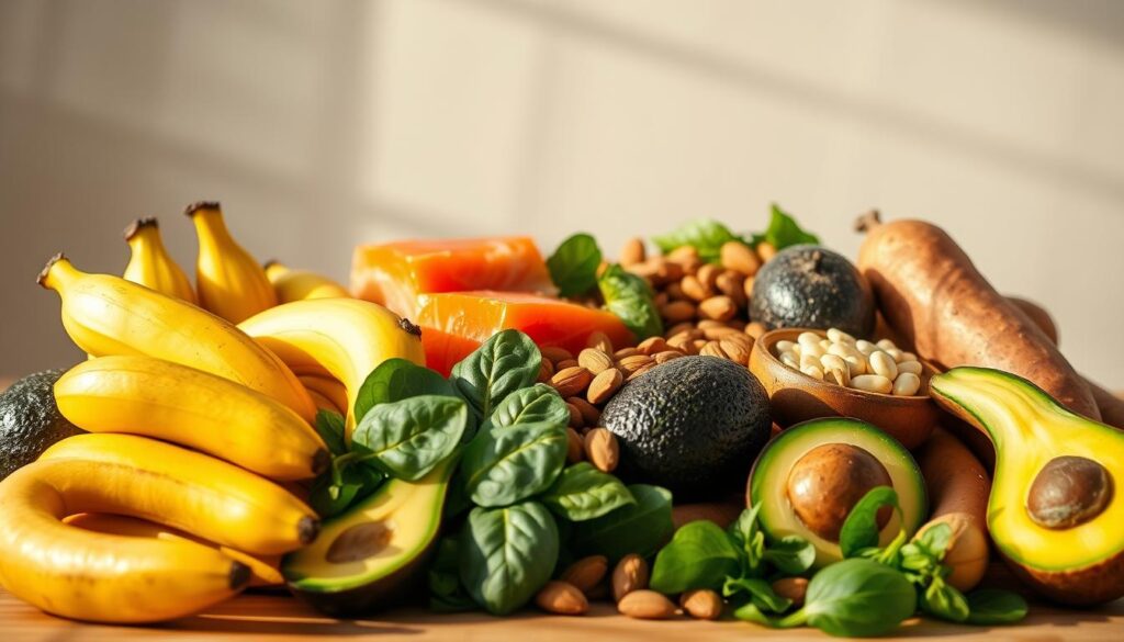 A bountiful still life arrangement showcasing a variety of potassium-rich foods against a soft, neutral background. In the foreground, an assortment of bananas, avocados, spinach leaves, and sweet potatoes are artfully displayed, bathed in warm, natural lighting that accentuates their vibrant colors and textures. In the middle ground, a selection of other potassium-rich items such as salmon, almonds, and white beans are placed, creating a visually appealing and balanced composition. The background is hazy and out of focus, allowing the protagonist ingredients to take center stage and communicate their importance in a heart-healthy, hypertension-conscious diet. The overall mood is one of health, vitality, and nutritional abundance.