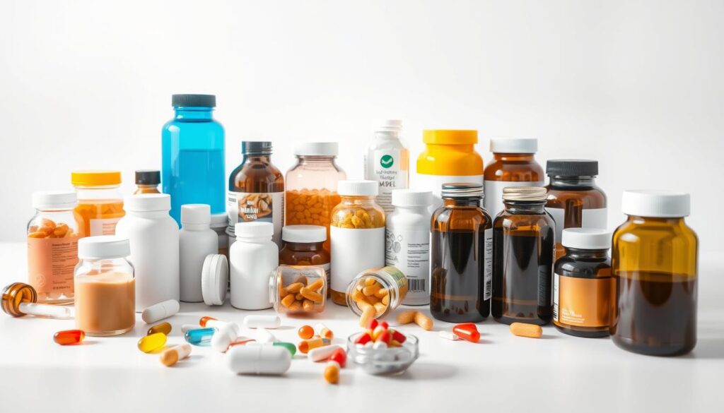 A bright, well-lit studio scene with various nutritional supplements arranged on a clean, white table. The foreground features an assortment of bottles, jars, and containers of different sizes, shapes, and colors, showcasing a variety of vitamins, minerals, and other nutraceuticals. The middle ground includes a few open supplement bottles or packets, highlighting the contents. The background features a simple, neutral backdrop, allowing the supplements to be the focal point. The lighting is natural and diffused, creating an inviting and professional atmosphere, emphasizing the purity and quality of the supplements. The overall composition is visually balanced and aesthetically pleasing, conveying a sense of health, wellness, and the importance of nutritional supplementation.