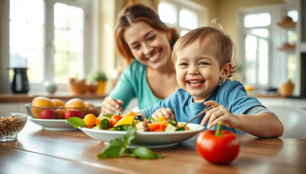 A cheerful, vibrant scene showing a young child joyfully eating a healthy, colorful meal at a kitchen table. The foreground depicts the child, with a bright smile, enthusiastically digging into a plate of fresh fruits, vegetables, and whole grains. The middle ground features a parent or caregiver guiding and encouraging the child's positive eating habits. The background showcases a warm, inviting kitchen setting with natural light streaming in through large windows. The composition conveys a sense of togetherness, nourishment, and the importance of establishing healthy dietary patterns from an early age.