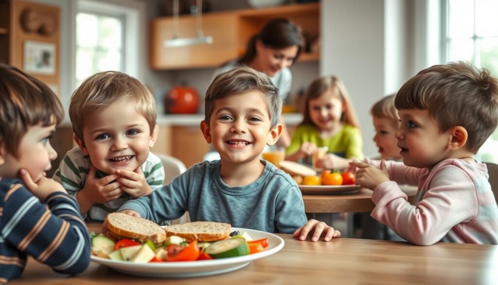 A cheerful, well-lit indoor scene depicting a group of children with various food allergies enjoying a healthy, colorful meal together. In the foreground, a young boy with a plate of allergen-free foods like fruits, vegetables, and gluten-free bread, sitting at a table surrounded by his friends. In the middle ground, a caring parent or caregiver serving the children, ensuring their dietary needs are met. In the background, a warm, inviting kitchen with natural lighting, showcasing the importance of a safe, nurturing environment for children with food allergies. The overall atmosphere conveys a sense of inclusivity, safety, and the joys of a nutritious, allergy-conscious diet.