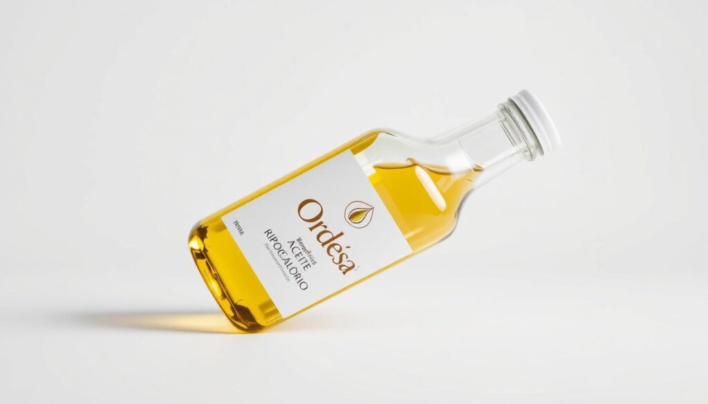 A close-up shot of a glass bottle filled with a viscous, clear liquid on a minimalist white background. The bottle has a simple, elegant label with the Ordesa logo and the words "Beneficios Aceite Hipocalórico" in a neutral, sans-serif font. The lighting is soft and diffused, creating a clean, clinical atmosphere that highlights the purity and clarity of the oil. The composition is balanced, with the bottle positioned slightly off-center to create visual interest. The overall mood is professional, authoritative, and focused on the product's benefits, conveying the expertise and reliability discussed in the article's "Opiniones de expertos en nutrición" section.