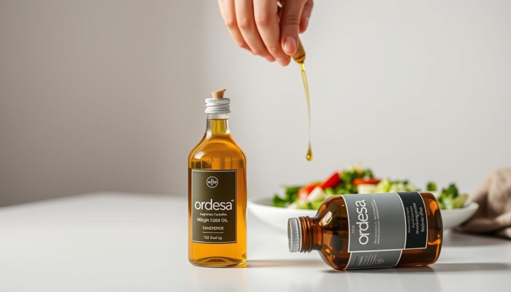 A crisp, well-lit studio photograph showcasing the proper way to use the Ordesa weight-loss oil. The foreground features the open bottle of oil, its label prominently displayed, resting on a clean, minimalist surface. In the middle ground, a person's hands are gently drizzling the oil onto a salad or dish, demonstrating the recommended serving size and application method. The background is a softly blurred, neutral-toned setting, allowing the product to be the focal point. The overall mood is one of simplicity, health, and utility, highlighting the oil's purpose as a dietary supplement for weight management.