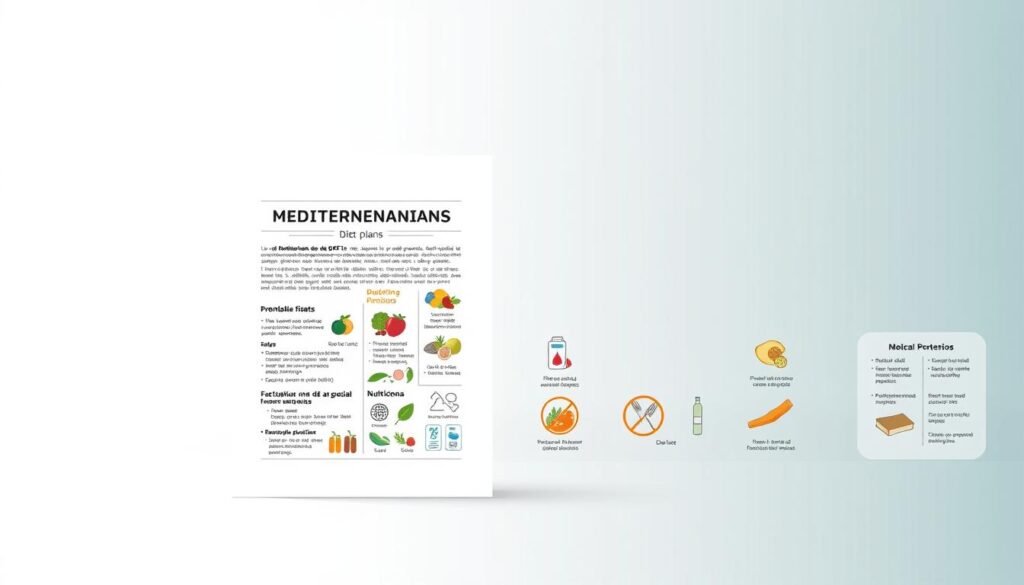 A detailed Mediterranean diet plan with potential complications, captured in a sleek, modern medical illustration. The foreground features a crisp, high-resolution image of a PDF document with a title in Spanish, surrounded by a stark white background. The middle ground showcases a series of icons and infographic elements depicting various dietary restrictions, nutritional guidelines, and potential health risks. The background subtly blends in muted shades of blue and green, evoking the Mediterranean color palette and alluding to the holistic, lifestyle-oriented nature of this dietary approach. The overall composition conveys a sense of professionalism, authority, and clinical precision, suitable for informing and educating healthcare professionals.