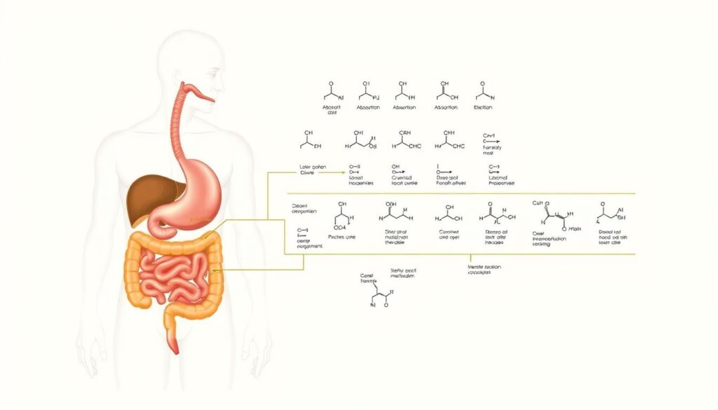 A detailed anatomical illustration of the metabolic processes involved in the Ordesa low-calorie oil, set against a clean, minimalist background. The foreground depicts a cross-section of the human digestive system, showcasing the absorption and utilization of the oil's key components. The middle ground features a series of molecular diagrams and chemical structures, highlighting the oil's unique lipid profile and its effects on energy metabolism. The background is a soft, muted palette, allowing the scientific details to take center stage. Realistic lighting and a slightly elevated camera angle convey a sense of clinical precision and educational purpose, suitable for an informative article on the inner workings of the Ordesa oil.