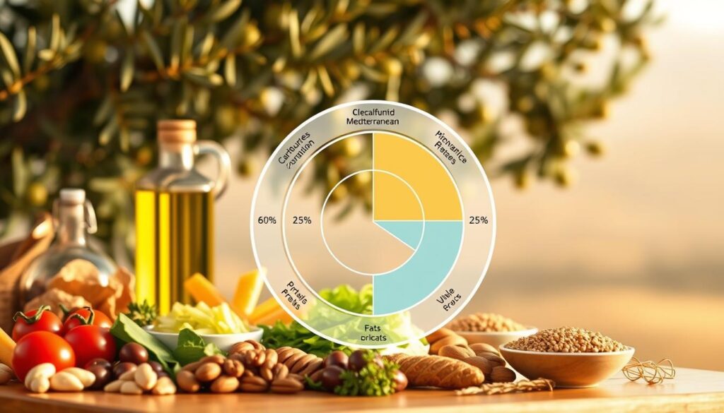 A detailed illustration of the macronutrient distribution for the Mediterranean diet, presented in a clean and balanced composition. In the foreground, a circular infographic depicting the percentage breakdown of carbohydrates, proteins, and fats, with clear labels. The middle ground features a series of healthy Mediterranean food items, such as olive oil, nuts, vegetables, and whole grains, arranged in a visually appealing manner. The background showcases a soft, warm-toned landscape, evoking the Mediterranean region, with natural elements like olive trees or rolling hills. The lighting is natural and diffused, creating a serene and inviting atmosphere. The overall image conveys the principles of the Mediterranean diet in a visually striking and informative way.