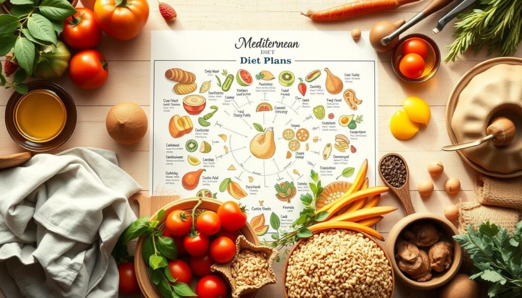 A detailed, visually stunning weekly Mediterranean diet plan in PDF format, showcasing the essential complementary elements of the Mediterranean lifestyle. Arrange the composition with a central focus on a beautifully illustrated infographic or diagram, surrounded by ancillary elements like fresh produce, olive oil, whole grains, and other Mediterranean diet staples. Use a warm, earthy color palette and natural lighting to evoke the sunlit, rustic ambiance of the region. Render the scene with a delicate, almost hand-drawn aesthetic, capturing the artisanal, homemade quality of the Mediterranean culinary tradition. Frame the central infographic with a sense of balance and harmony, reflecting the holistic, well-rounded nature of the Mediterranean diet and lifestyle.