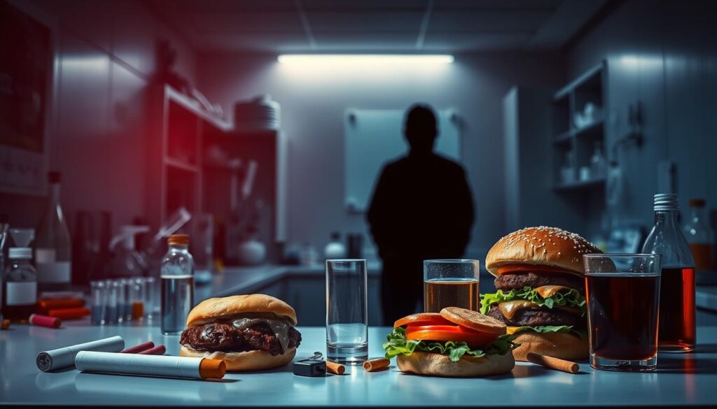 A dimly lit medical laboratory, with test tubes, beakers, and scientific equipment scattered across the countertops. In the foreground, a collection of lifestyle factors that weaken the immune system, such as a cigarette, an unhealthy burger, a glass of alcohol, and a stressed person. In the background, a looming shadow representing the immune system's vulnerability. The scene is bathed in a moody, blue-tinted lighting, creating a sense of unease and fragility. The overall composition conveys the idea that certain habits and environmental factors can compromise the body's natural defenses.