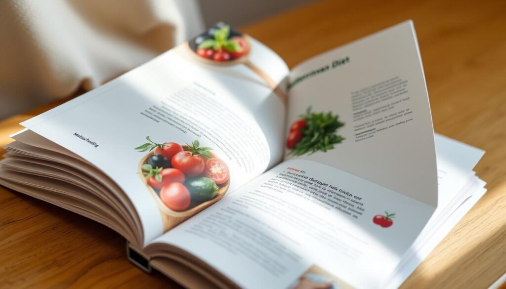 A gently lit, close-up photograph of a Mediterranean diet nutrition guide, its pages open to reveal detailed illustrations and information about enteral feeding. The guide's cover features a vibrant, sun-dappled image of fresh produce - olives, tomatoes, greens - against a neutral backdrop. The image has a warm, natural tone, capturing the essence of the Mediterranean lifestyle. The focus is sharp, with a shallow depth of field that draws the viewer's attention to the guide's contents. The overall composition is balanced and visually appealing, reflecting the care and expertise of the medical professionals who created this educational resource.