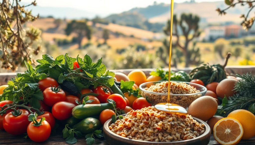 A lush, sun-drenched Mediterranean scene. In the foreground, a bountiful spread of fresh produce - ripe tomatoes, crisp cucumbers, fragrant herbs, and juicy citrus fruits. Arranged artfully on a rustic wooden table, their vibrant colors and textures evoke the region's vibrant culinary traditions. In the middle ground, a drizzle of golden olive oil cascades over a bowl of hearty whole grains, complemented by a plate of lean protein - perhaps grilled fish or legumes. The background reveals a landscape of rolling hills, dotted with gnarled olive trees and the occasional whitewashed villa, all bathed in the warm, golden light of the Mediterranean sun. An inviting, balanced, and nourishing scene that captures the essence of the Mediterranean diet.