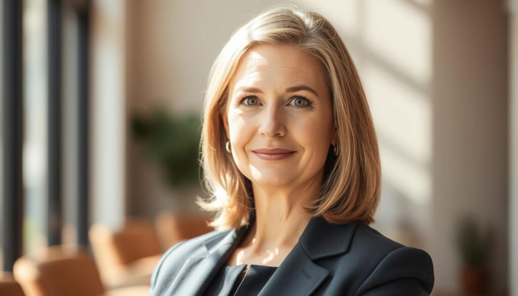 A professional, middle-aged woman with an empathetic, thoughtful expression stands in a warm, sun-dappled environment. She has medium-length, neatly styled hair and wears a smart, polished outfit. The background features a blurred, inviting indoor space with subtle textures and neutral tones, creating a sense of calm and tranquility. Soft, diffused lighting gently illuminates her face, conveying an air of expertise and authority. The overall mood is one of quiet confidence and intellectual engagement, befitting an expert in the field of emotional well-being and nutrition.