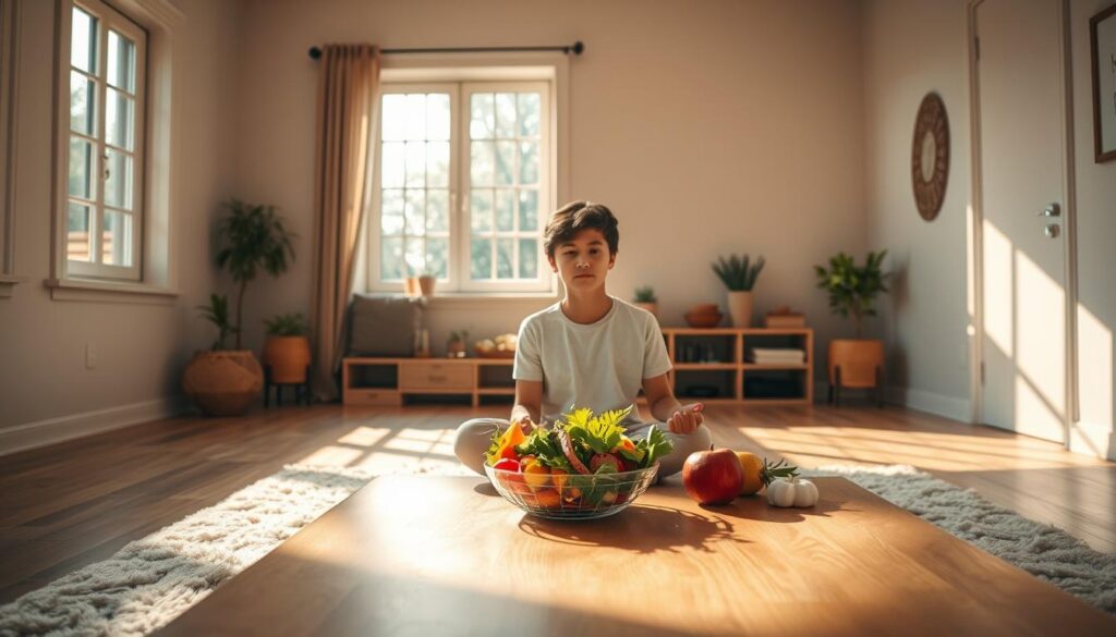 A serene indoor scene depicting a young person practicing mindfulness and self-care through healthy eating. In the foreground, they sit cross-legged on a plush rug, enjoying a fresh, vibrant salad on a wooden table before them. Sunlight streams through large windows, casting a warm, calming glow. In the middle ground, various nutritious foods - fruits, vegetables, whole grains - are neatly arranged, representing a balanced, intentional diet. The background features soothing, earthy tones and simple, minimalist decor, conveying a sense of peace and harmony between mental well-being and nourishing sustenance.