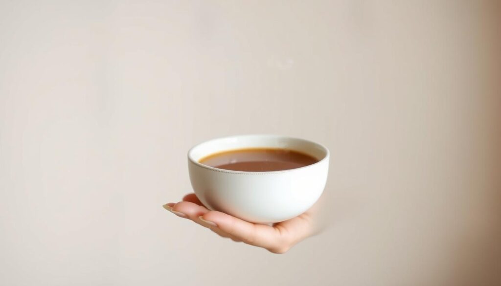 A serene, minimalist illustration depicting the concept of "emotional eating myths". In the foreground, a hand gently holds a simple ceramic bowl filled with a comforting, steaming liquid. The bowl is placed against a soft, blurred background, suggesting a tranquil, introspective atmosphere. Muted, earthy tones dominate the scene, creating a sense of warmth and introspection. The lighting is soft and diffused, casting gentle shadows and highlighting the tactile quality of the materials. The composition is balanced and centered, emphasizing the thoughtful, meditative nature of the subject matter. This image aims to visually convey the complexities and misconceptions around the relationship between emotions and food.