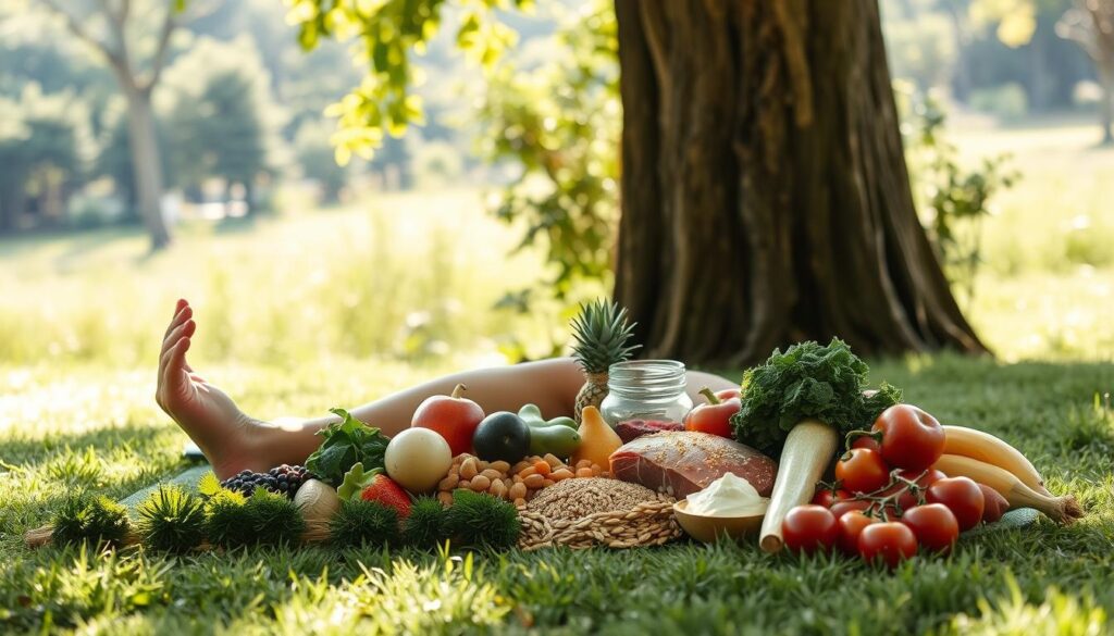 A serene outdoor scene depicting a person engaging in light exercise, surrounded by a variety of anti-inflammatory foods. A soft, natural lighting illuminates the foreground, where the individual performs gentle stretches or yoga poses on a lush, verdant mat. In the middle ground, an assortment of fresh produce, whole grains, and lean proteins are artfully arranged, conveying the idea of a balanced, nourishing diet. The background features a tranquil landscape, such as a sunlit forest or a peaceful garden, evoking a sense of harmony and well-being. The overall mood is one of calm, intentional wellness, reflecting the benefits of combining anti-inflammatory nutrition and moderate physical activity.