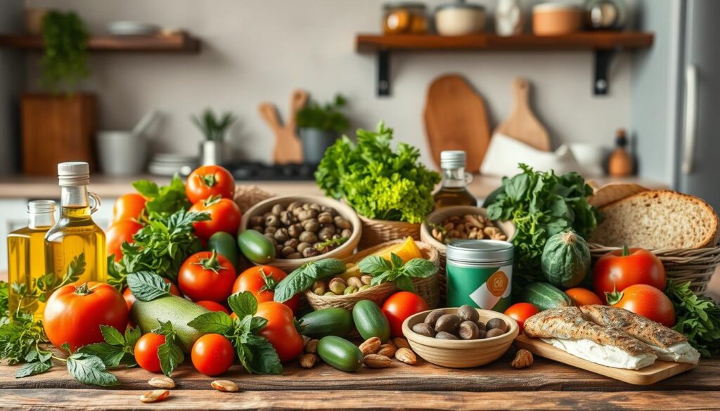 A still life image of a variety of Mediterranean diet foods arranged in a natural, appetizing manner on a rustic wooden table. The foreground features a selection of fresh vegetables such as tomatoes, cucumbers, and leafy greens, as well as olive oil, herbs, and whole grain bread. The middle ground contains protein-rich items like olives, nuts, and canned fish. The background depicts a simple, minimalist kitchen environment with neutral tones, soft natural lighting, and a sense of tranquility. The overall composition should convey the nutritional value, simplicity, and health benefits of the Mediterranean diet, suitable for enteral feeding.