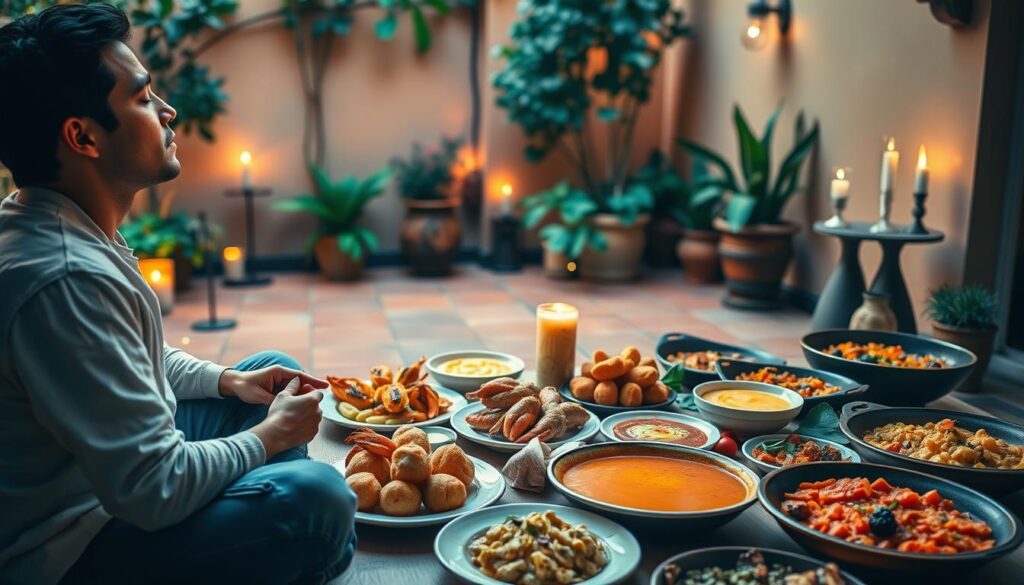 A tranquil scene of mindful eating, with a spreading feast of authentic Spanish cuisine. In the foreground, a person sits cross-legged, eyes closed, hands resting in their lap, deeply focused on the sensations of the food before them. The middle ground showcases an array of tapas-style dishes - sizzling gambas al ajillo, creamy croquetas, vibrant gazpacho, and fragrant paella. The background depicts a cozy, sun-dappled courtyard, with terracotta tiles, lush greenery, and the warm glow of candles. The lighting is soft and diffuse, creating a serene, contemplative atmosphere. The entire composition evokes a sense of balance, presence, and the joyful appreciation of nourishing, flavorful Spanish cuisine.