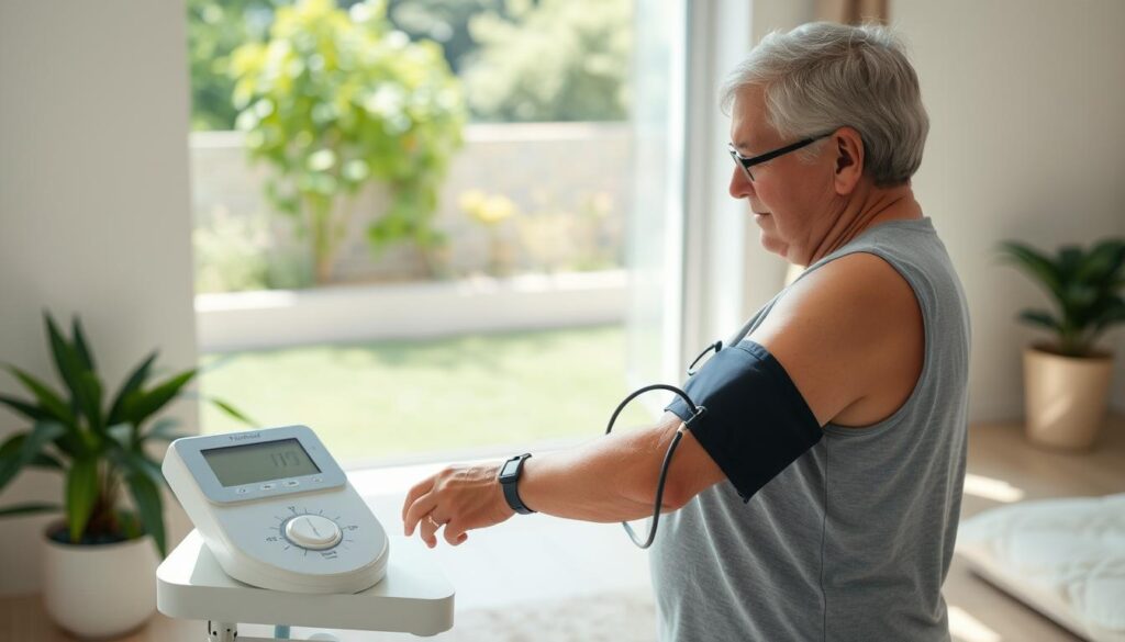 A tranquil, sun-dappled scene of a middle-aged person carefully monitoring their blood pressure and weight using a digital scale and wrist sphygmomanometer. The foreground depicts the medical devices against a plain, minimalist background, conveying a sense of focus and control. The middle ground features a serene, lush garden with verdant foliage, suggesting the importance of lifestyle factors in managing hypertension. The background showcases a calming, neutral-toned interior space, creating an atmosphere of wellness and health consciousness. Soft, natural lighting enhances the overall feeling of balance and well-being.