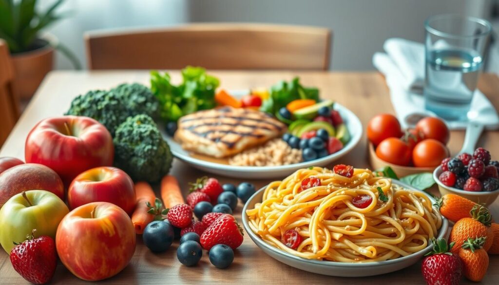 A vibrant and colorful still life depicting a healthy children's meal plan. In the foreground, an assortment of fresh fruits and vegetables - apples, carrots, broccoli, and berries - arranged in an appealing manner. In the middle ground, a plate with a balanced meal of grilled chicken, whole grain pasta, and a side salad, all bathed in soft, natural lighting. In the background, a wooden table with a neatly folded napkin and a glass of water, creating a warm, inviting atmosphere. The composition emphasizes the importance of nutritious, well-rounded meals for growing children, with a focus on vibrant colors, textures, and a sense of balance and harmony.