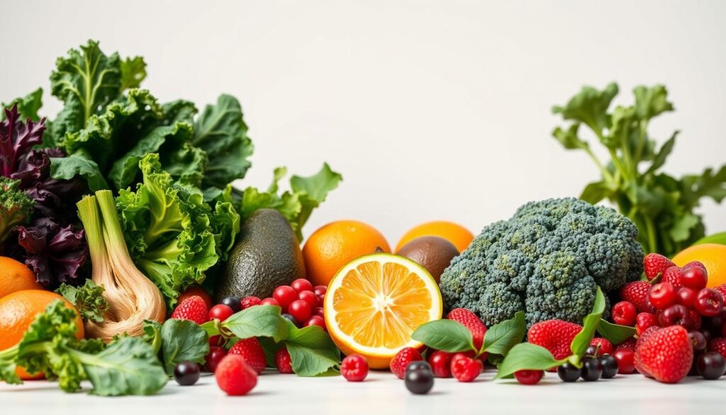 A vibrant still life of anti-inflammatory superfoods against a clean, bright background. In the foreground, an assortment of fresh vegetables, including kale, spinach, and broccoli, arranged in a harmonious composition. In the middle ground, ripe avocados, juicy oranges, and ruby-red berries. The background features a soft, diffused light, creating a sense of calm and purity. The overall scene exudes a sense of health, vitality, and the natural goodness of nutrient-dense, anti-inflammatory foods.