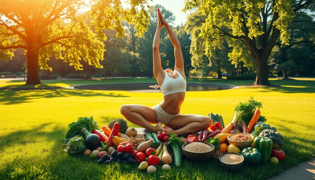 A vibrant, sun-drenched scene showcasing the perfect harmony between healthy eating and physical exercise. In the foreground, a fit individual performs a dynamic yoga pose, their body gracefully balanced on a lush, verdant lawn. Surrounding them, an abundance of fresh, colorful produce - crisp vegetables, ripe fruits, and whole grains - are artfully arranged, symbolizing the nourishing power of a balanced diet. In the middle ground, a tranquil park setting with towering trees and a serene pond, inviting the viewer to immerse themselves in the calming atmosphere. Warm, golden light filters through the leaves, casting a gentle, inspiring glow over the entire composition. The overall mood is one of vitality, wellness, and the profound connection between mindful nutrition and an active, healthy lifestyle.
