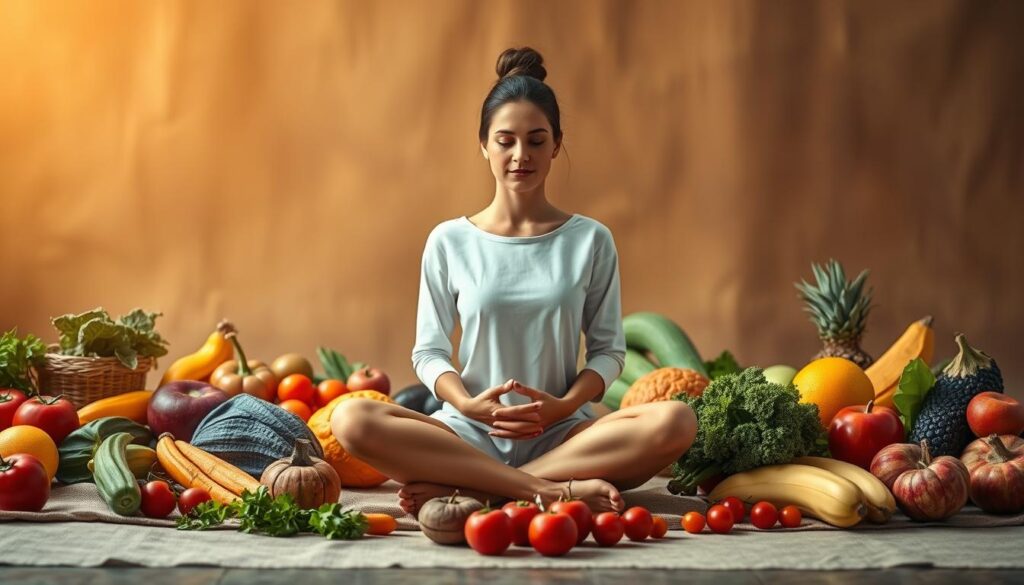 A warm, soothing image depicting the "metodología Terica Uriol nutrición emocional". In the foreground, a serene figure sits cross-legged, their hands resting on their lap in a meditative pose. Surrounding them, an array of fresh, colorful fruits and vegetables are arranged in a harmonious display, symbolizing the nourishing connection between food and emotional well-being. The middle ground features a softly blurred backdrop of earthy tones, conveying a sense of grounding and tranquility. Gentle, diffused lighting illuminates the scene, creating a calming atmosphere that invites the viewer to pause and reflect on the holistic approach to emotional nourishment.