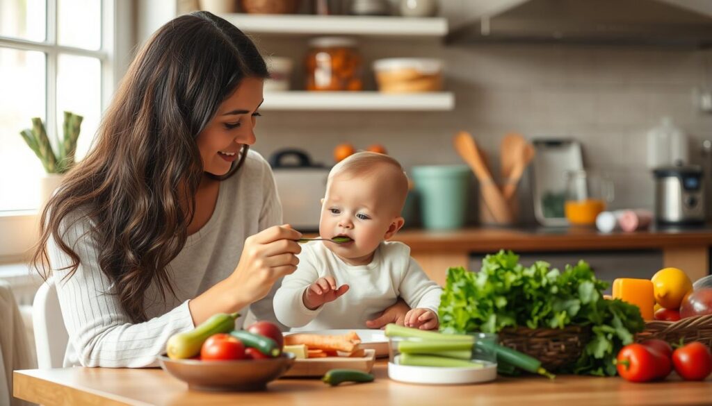 A warm, well-lit kitchen interior with a mother and baby sitting at a table, surrounded by healthy, fresh food ingredients. The mother is attentively feeding the baby with a spoon, her expression serene and nurturing. In the background, there are visible signs of food safety, such as clean surfaces, food storage containers, and a window providing natural light. The scene conveys a sense of security, care, and a focus on proper nutrition for the infant's development.