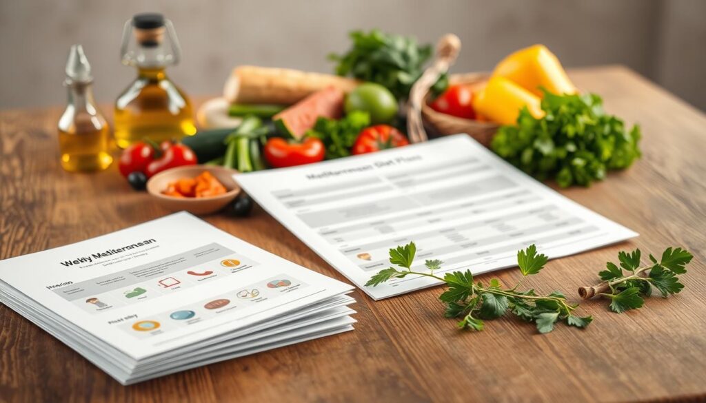 A weekly Mediterranean diet plan in PDF format, arranged neatly on a wooden table. The layout features a clean, minimalist design with carefully curated icons and color-coded sections. The foreground showcases a stack of documents, highlighting the adaptability and personalization options for individual dietary needs. The middle ground features a variety of fresh, vibrant Mediterranean ingredients, such as olive oil, herbs, and leafy greens, suggesting the wholesome and balanced nature of the plan. The background features a soft, natural lighting, creating a warm and inviting atmosphere to emphasize the healthful and sustainable aspects of the Mediterranean diet.