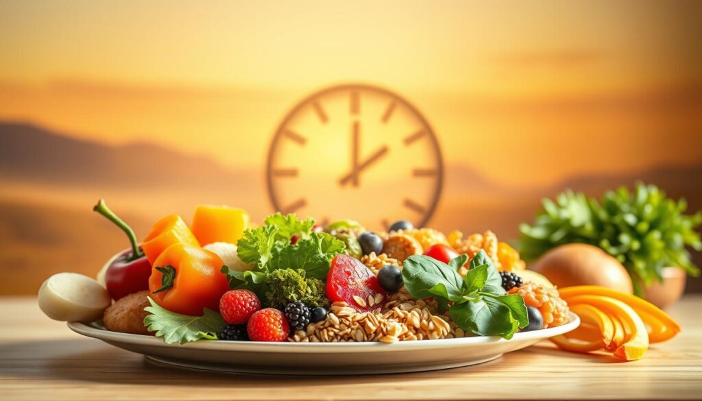 Circadian rhythms and feeding patterns, a dynamic interplay. In the foreground, a vibrant plate of diverse, nutrient-rich foods - fruits, vegetables, grains - symbolizing the importance of balanced, circadian-aligned nutrition. Soft, warm lighting casts a gentle glow, creating an atmosphere of tranquility and nourishment. In the middle ground, a stylized clock face represents the body's internal timekeeping, the ebb and flow of our daily cycles. The background features a subtle, dreamlike landscape, hinting at the deeper connections between our biological rhythms and the natural world. Crisp, photorealistic rendering captures the essence of this interplay between circadian rhythms and optimal feeding for a healthy, resilient immune system.