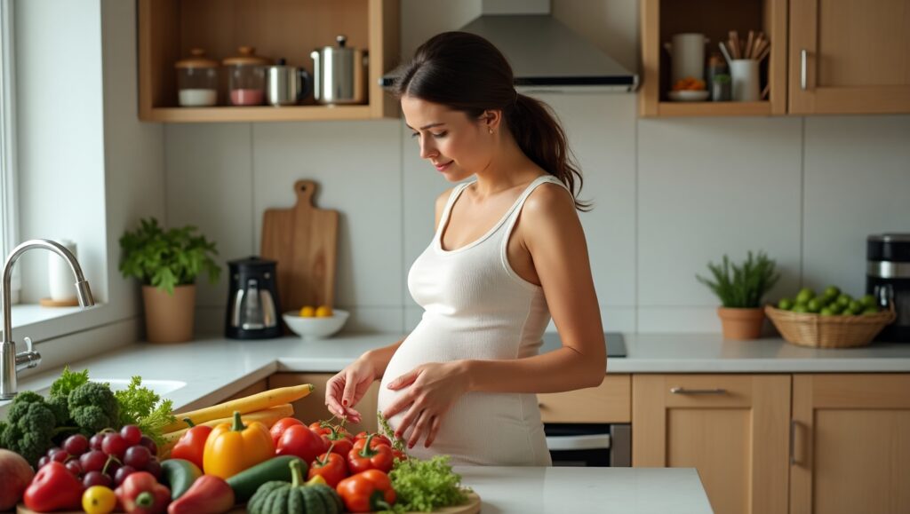 Mujer embarazada comiendo alimentos saludables – dietas para embarazadas