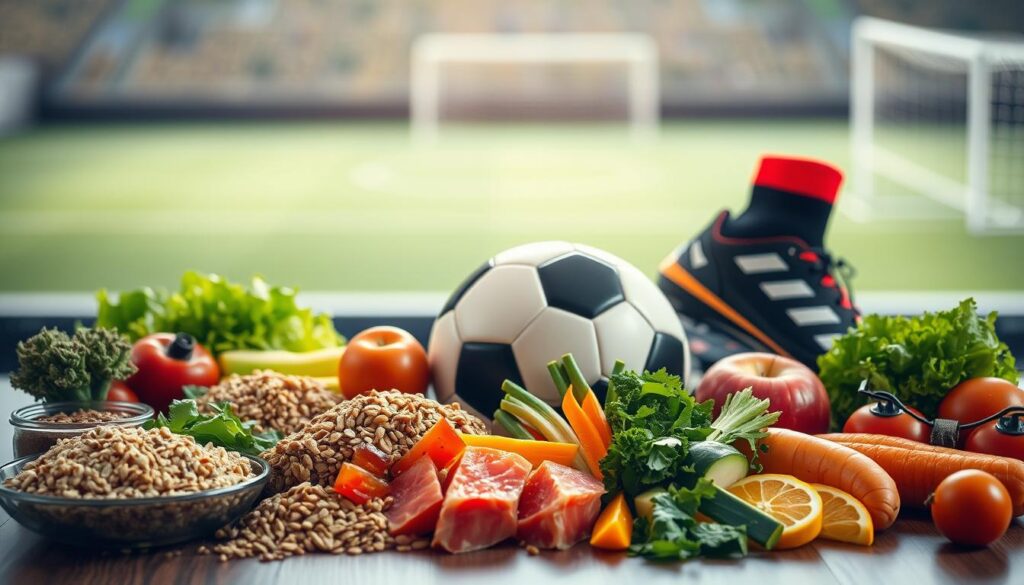 Vibrantly lit scene of a table showcasing recommended foods for professional soccer players. In the foreground, an assortment of whole grains, lean proteins, fresh vegetables, and colorful fruits are artfully arranged, conveying a balanced, nutritious diet. The middle ground features a soccer ball and a pair of cleats, symbolizing the athletic lifestyle. The background depicts a blurred soccer field, hinting at the performance-enhancing effects of the curated meal. Soft, natural lighting casts a warm, inviting glow over the composition, creating an atmosphere of health, vitality, and athletic excellence.