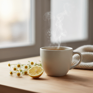 Taza de té de manzanilla humeante sobre mesa de madera, con ramitas frescas y limón. Remedio casero natural para calmar la diarrea y el malestar estomacal.